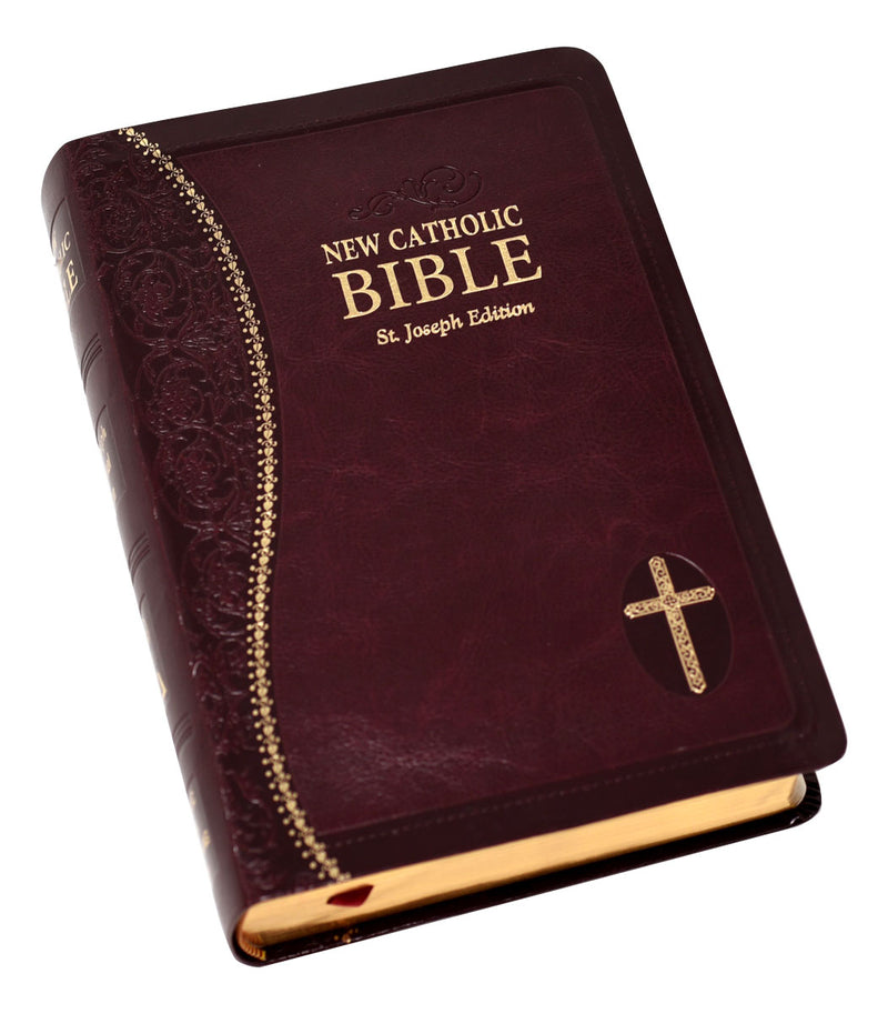 Burgundy and gold Bible on a white background.