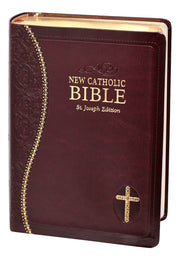 Burgundy and gold Bible on a white background.