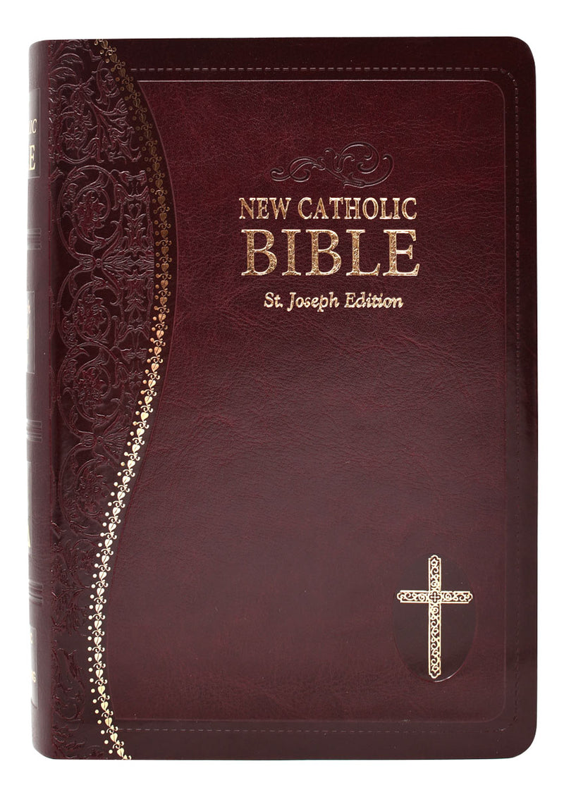 Burgundy and gold Bible on a white background.