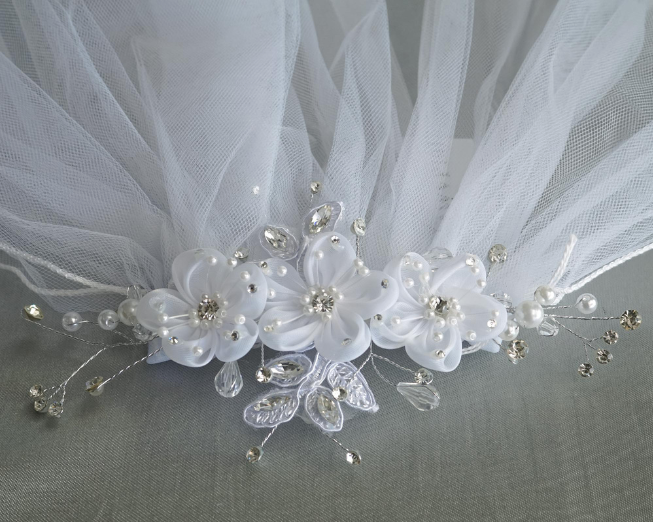 2nd extreme close-up on the floral details of a little girl's white sheer First Communion veil
