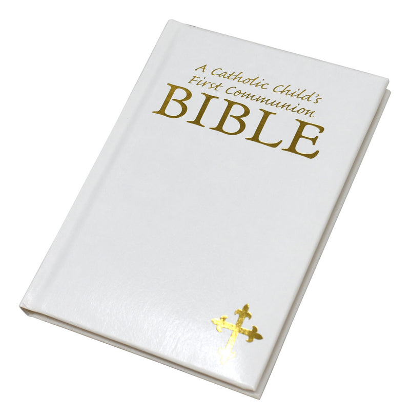 White Bible for Catholic First Communion on a white background
