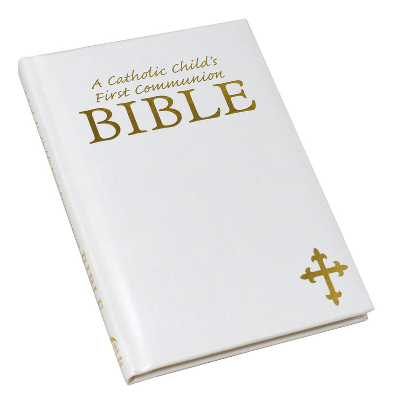 White Bible for Catholic First Communion on a white background