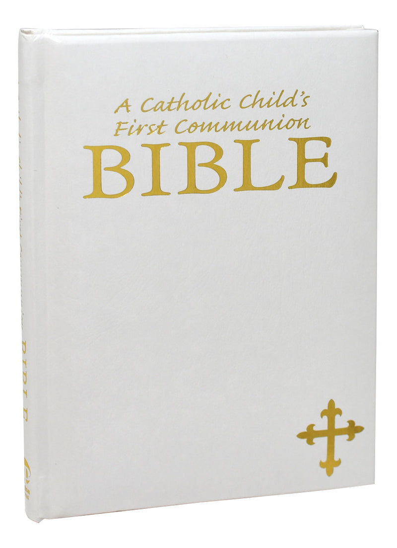 White Bible for Catholic First Communion on a white background