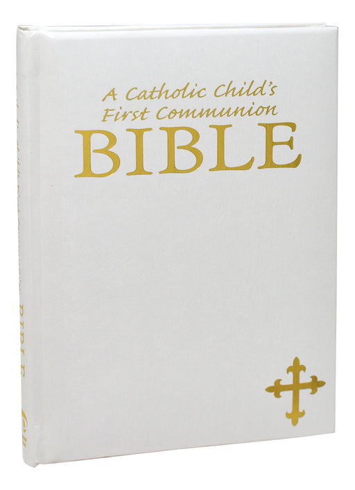 White Bible for Catholic First Communion on a white background