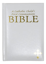 White Bible for Catholic First Communion on a white background