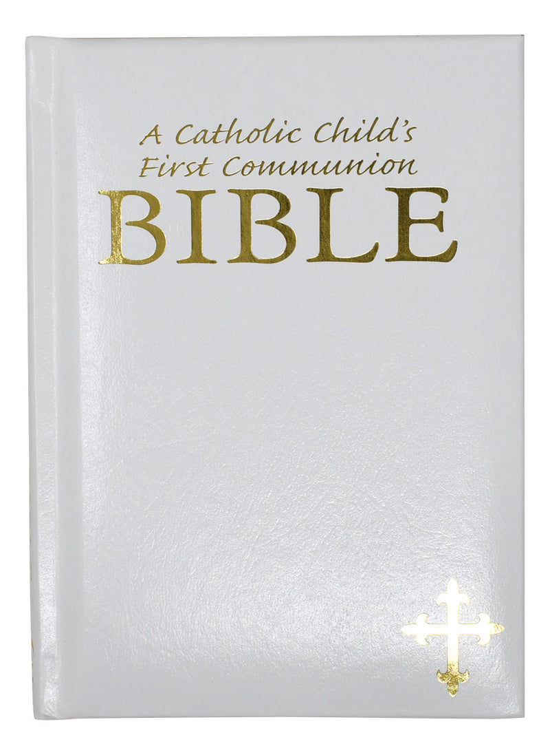 White Bible for Catholic First Communion on a white background