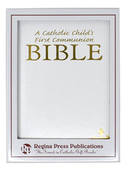 White Bible for Catholic First Communion on a white background