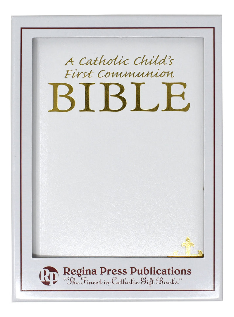 White Bible for Catholic First Communion on a white background