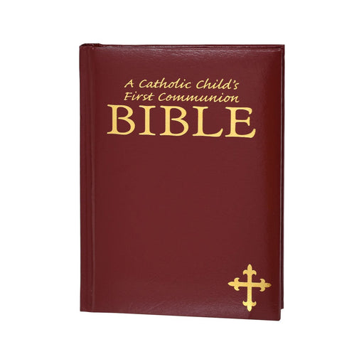 Red Bible for Catholic First Communion on a white background
