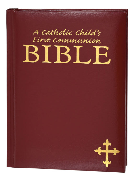 Red Bible for Catholic First Communion on a white background