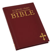 Red Bible for Catholic First Communion on a white background