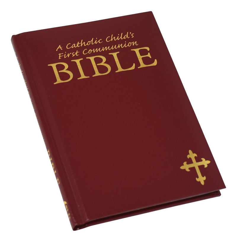 Red Bible for Catholic First Communion on a white background