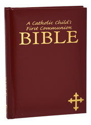 Red Bible for Catholic First Communion on a white background