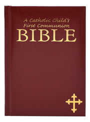 Red Bible for Catholic First Communion on a white background