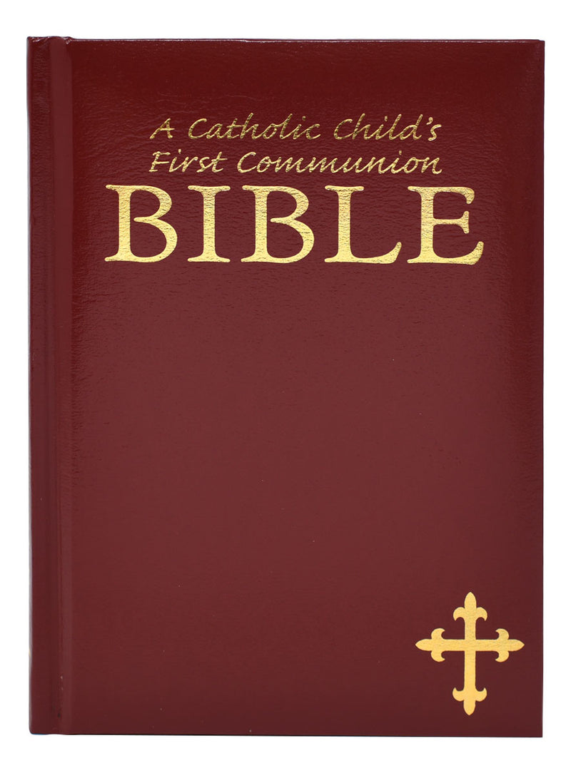 Red Bible for Catholic First Communion on a white background