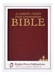 Red Bible for Catholic First Communion on a white background
