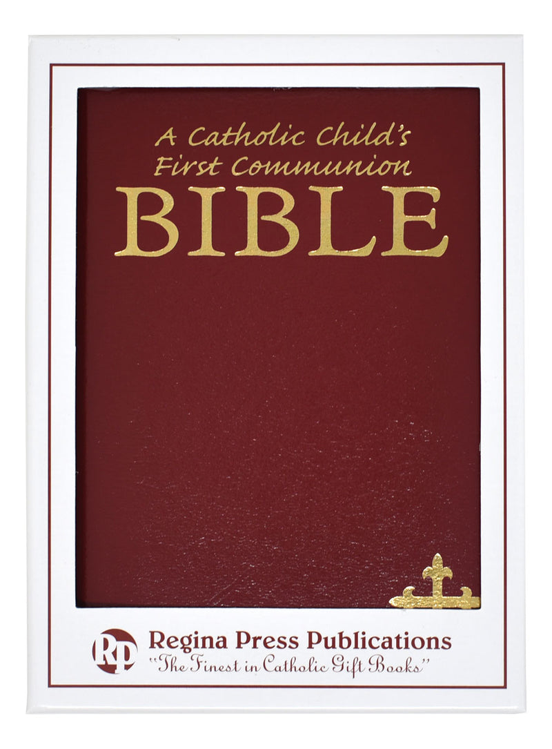 Red Bible for Catholic First Communion on a white background
