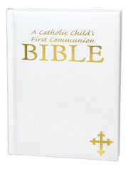 White Bible for Catholic First Communion on a white background