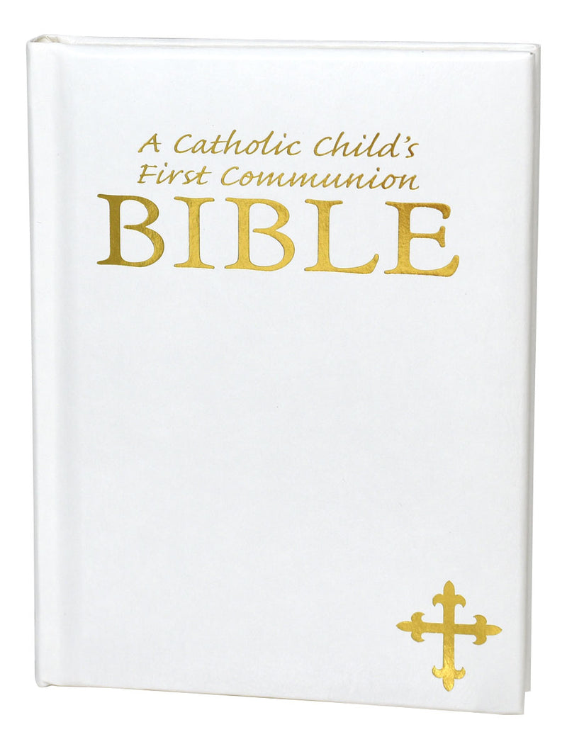 White Bible for Catholic First Communion on a white background