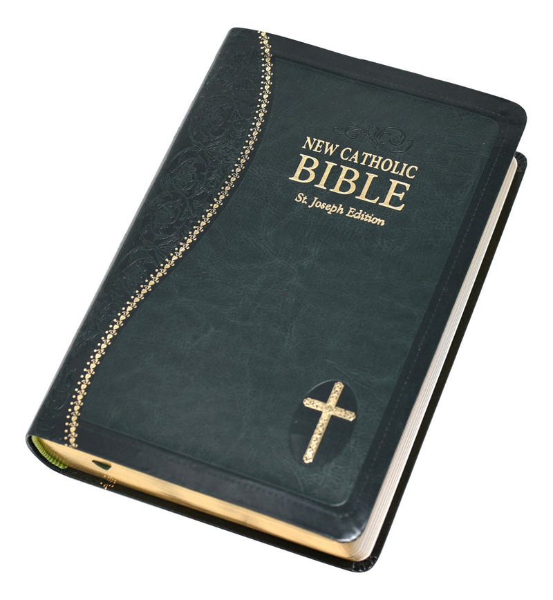 Green and gold Bible on a white background.