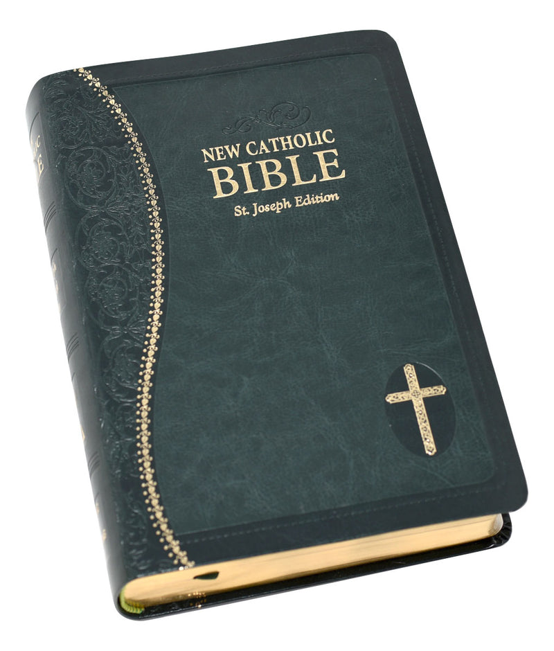 Green and gold Bible on a white background.