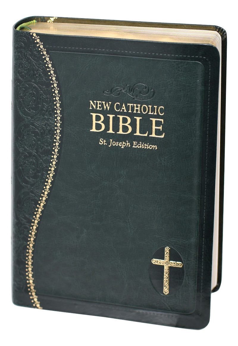 Green and gold Bible on a white background.