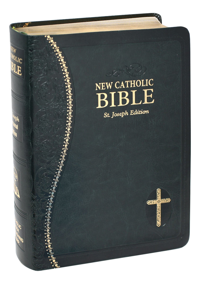 Green and gold Bible on a white background.