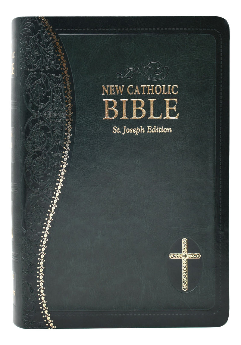 Green and gold Bible on a white background.