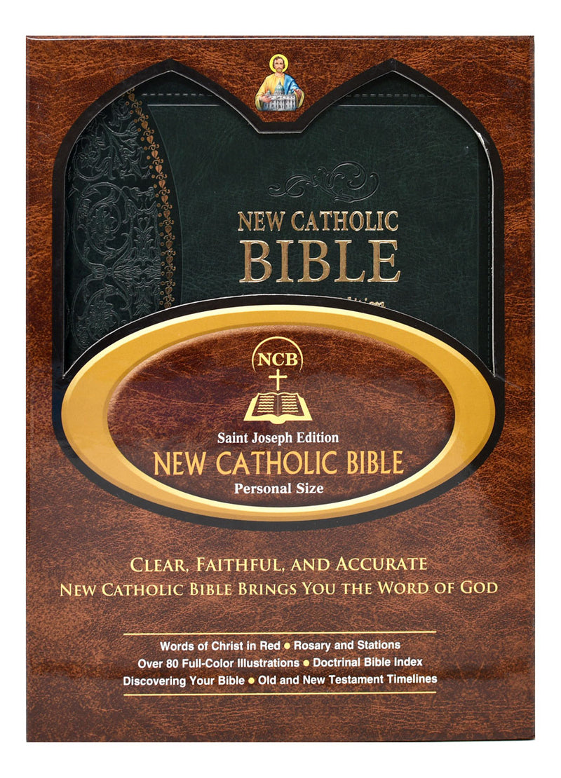 Green and gold Bible on a white background.