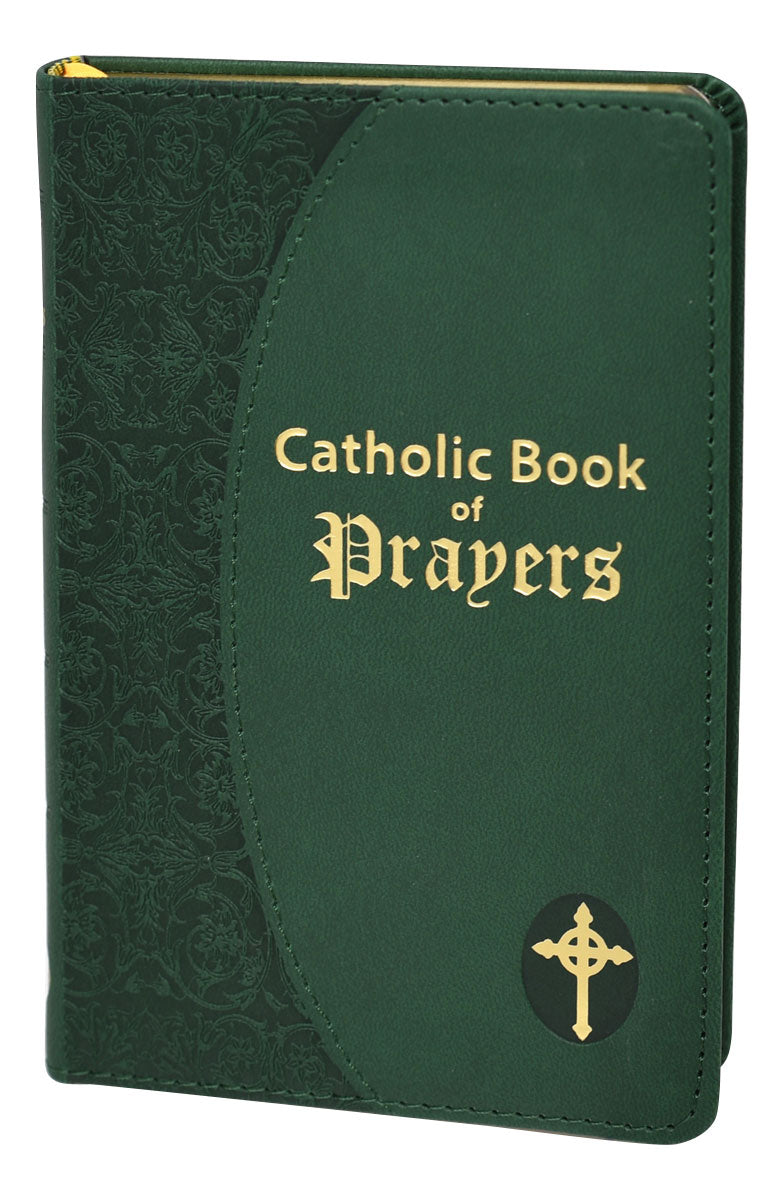 Green Catholic Book of Prayers with gold text and cross emblem on a white background