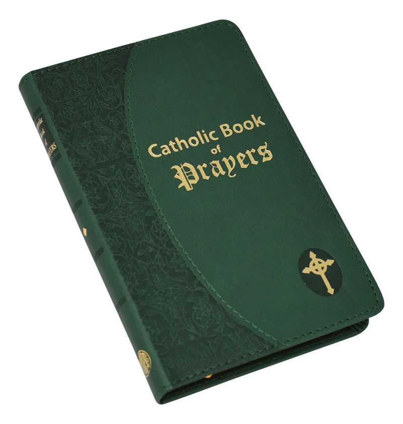 Green Catholic Book of Prayers with gold text and cross emblem on a white background