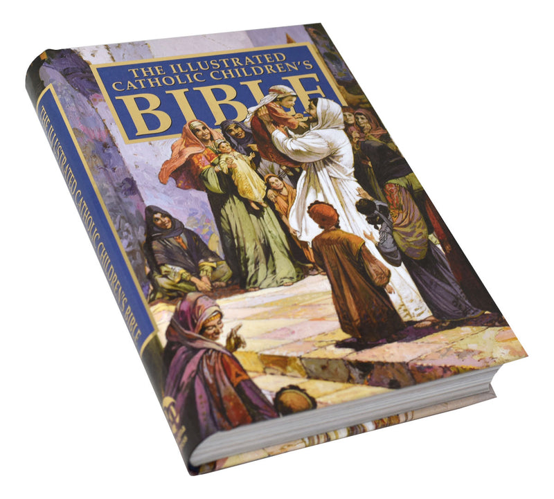 Book titled 'The Illustrated Catholic Children's Bible' on a white background