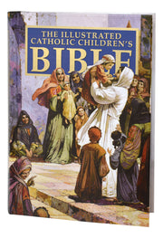 Book titled 'The Illustrated Catholic Children's Bible' on a white background