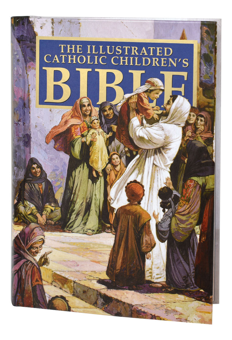 Book titled 'The Illustrated Catholic Children's Bible' on a white background