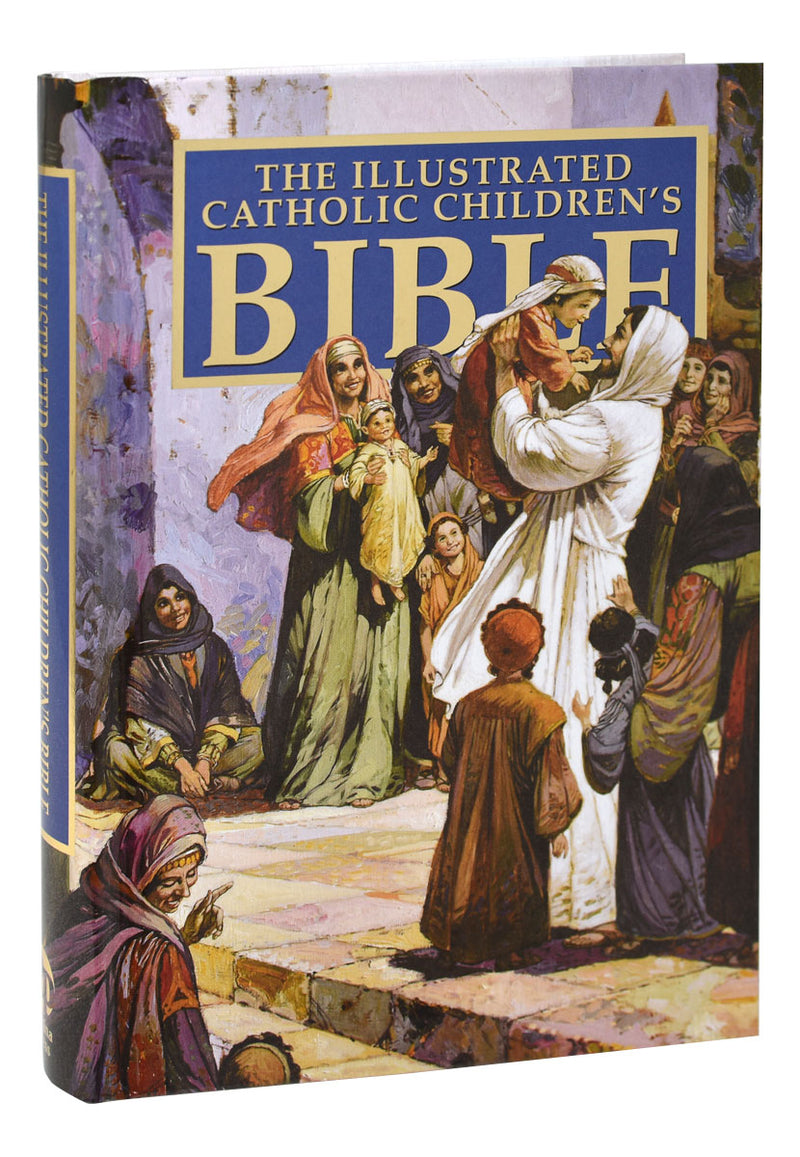 Book titled 'The Illustrated Catholic Children's Bible' on a white background