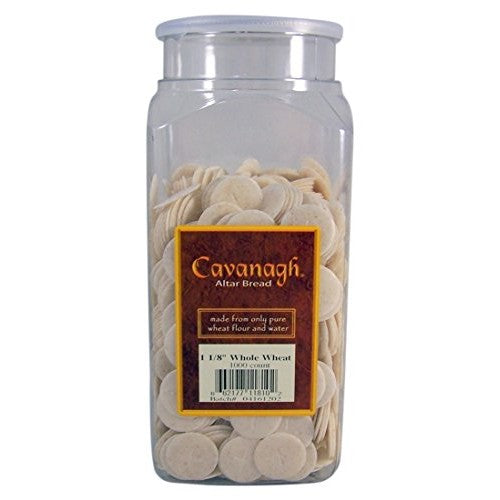 A clear plastic jar containing 1 1/8 inch white communion wafers with a label displaying the brand 'Cavanagh' and the product details.