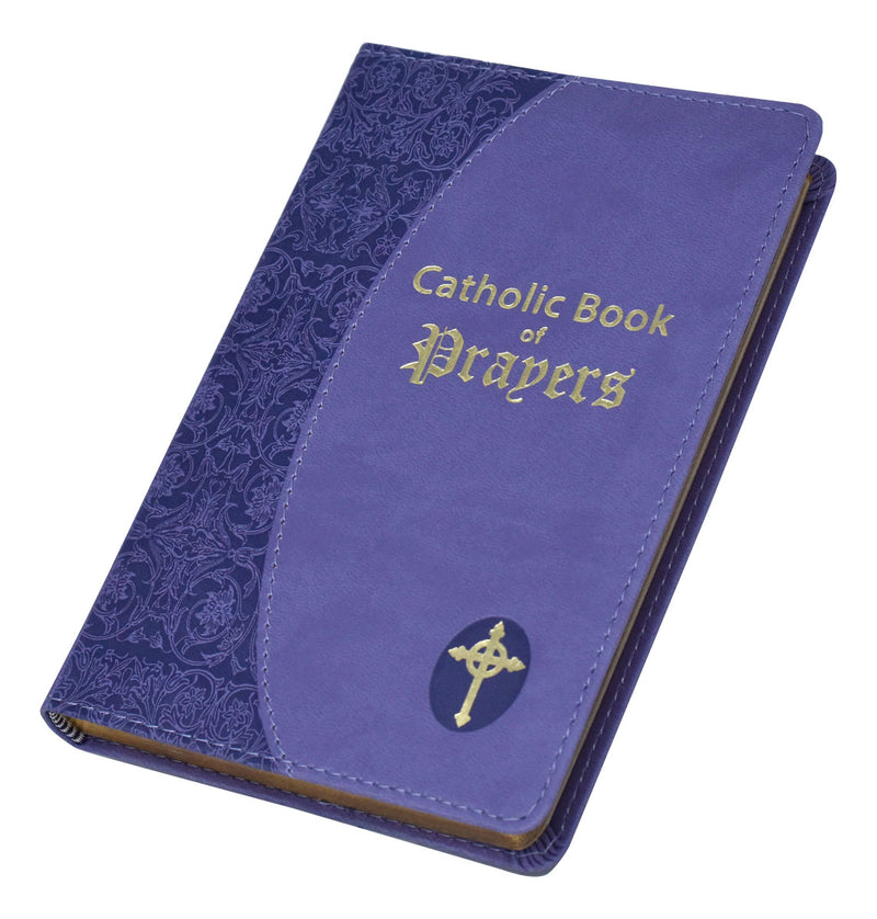 Lavender Catholic Book of Prayers with gold text and cross emblem on a white background