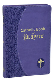Lavender Catholic Book of Prayers with gold text and cross emblem on a white background