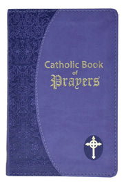 Lavender Catholic Book of Prayers with gold text and cross emblem on a white background