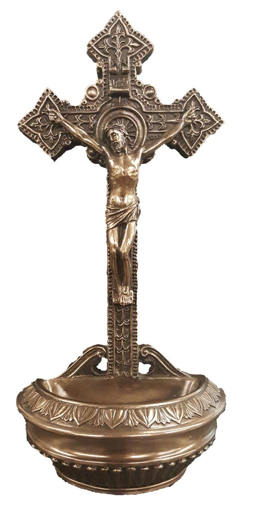 Crucifix Holy Water Font Bronze 9"