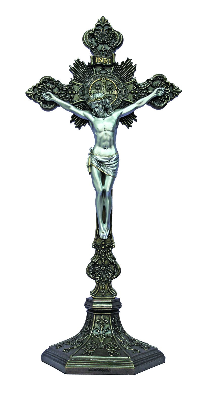 Benedictine Crucifix – Bronze Cross with Pewter Corpus | Stands & Hangs | Goldscheider Veronese
