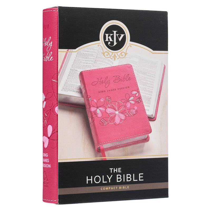 Pink Bible with floral designs and 'Holy Bible King James Version' text on a white background