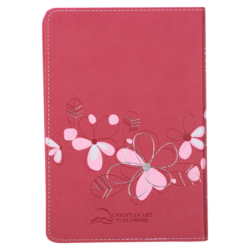 Pink Bible with floral designs and 'Holy Bible King James Version' text on a white background