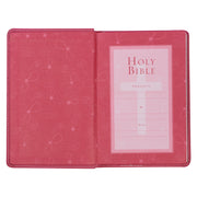 Pink Bible presentation page with floral designs on a white background