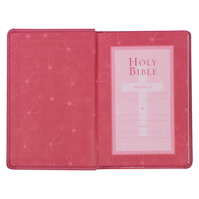 Pink Bible presentation page with floral designs on a white background