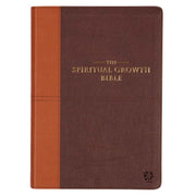 A two-tone espresso and toffee brown faux leather Bible with the title 'The Spiritual Growth Bible' in large gold-foiled letters on the front cover.