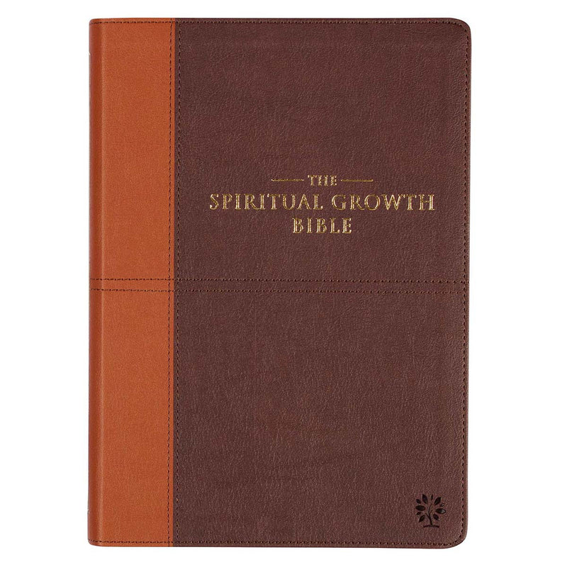 A two-tone espresso and toffee brown faux leather Bible with the title 'The Spiritual Growth Bible' in large gold-foiled letters on the front cover.