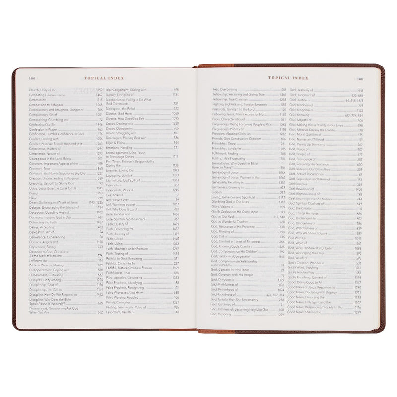 A two-tone espresso and toffee brown faux leather Bible on a white background.