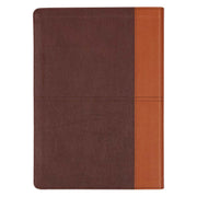 A two-tone espresso and toffee brown faux leather Bible on a white background.