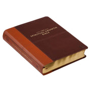 A two-tone espresso and toffee brown faux leather Bible on a white background.